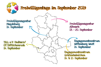 Eine Übersichtskarte der Freiwilligentage Sachsen-Anhalt im September 2019