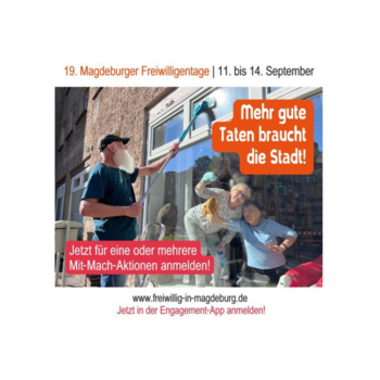 Drei ältere Leute beim Putzen eines Schaufensters, dazu der Text: Mehr gute Taten braucht die Stadt!