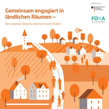 Coverbil der Publikation: eine stilisierte Dorflandschaft in orangenen Farbtönen. Gebäude, Straßen, Bäume und Menschen, darüber der Publikationstitel, das Logo des Bundesministeriums für Bildung und Forschung sowie von "FONA" - Forschung für Nachhaltigkeit".