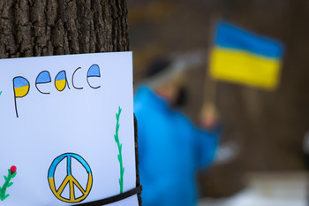 peace-Schild mit Ukraine-Flagge